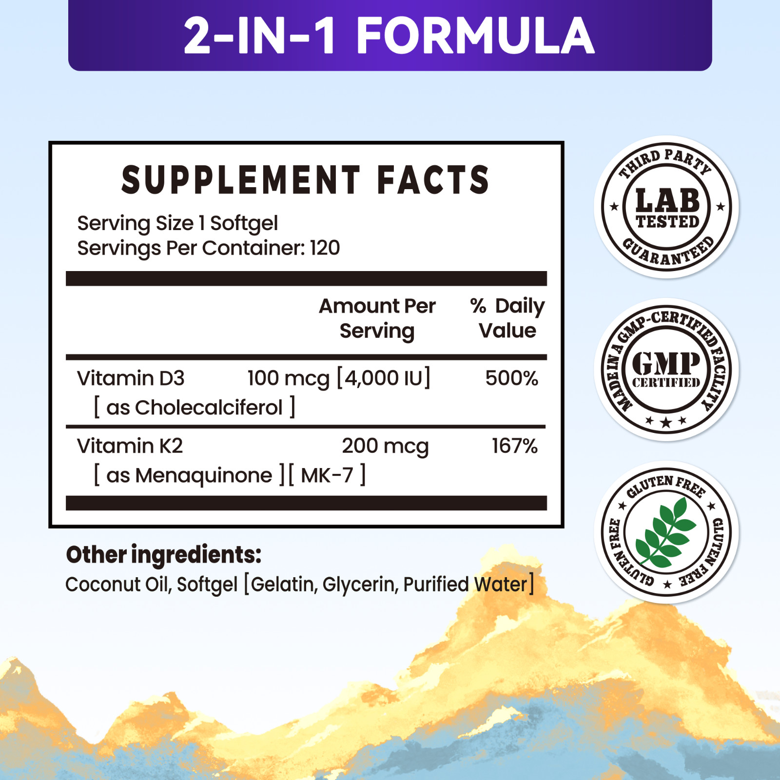 2-in-1 Formula Vitamin D3 4000IU (100 mcg) & 200 mcg K2 MK-7, Easy to Swallow