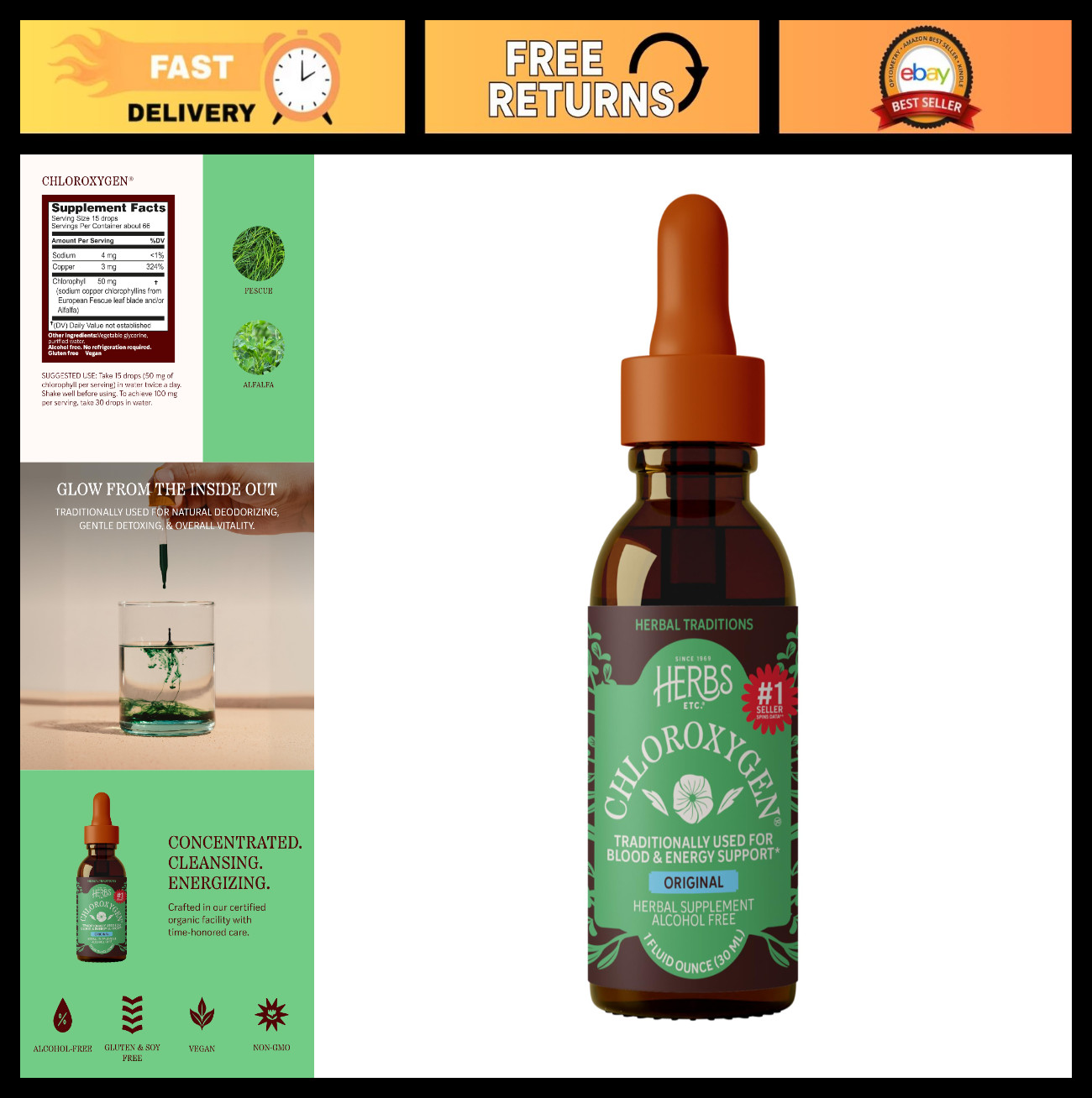 Chlorophyll Concentrate Liquid Drops – Alcohol Free, Detox, Skin & Gut Support –