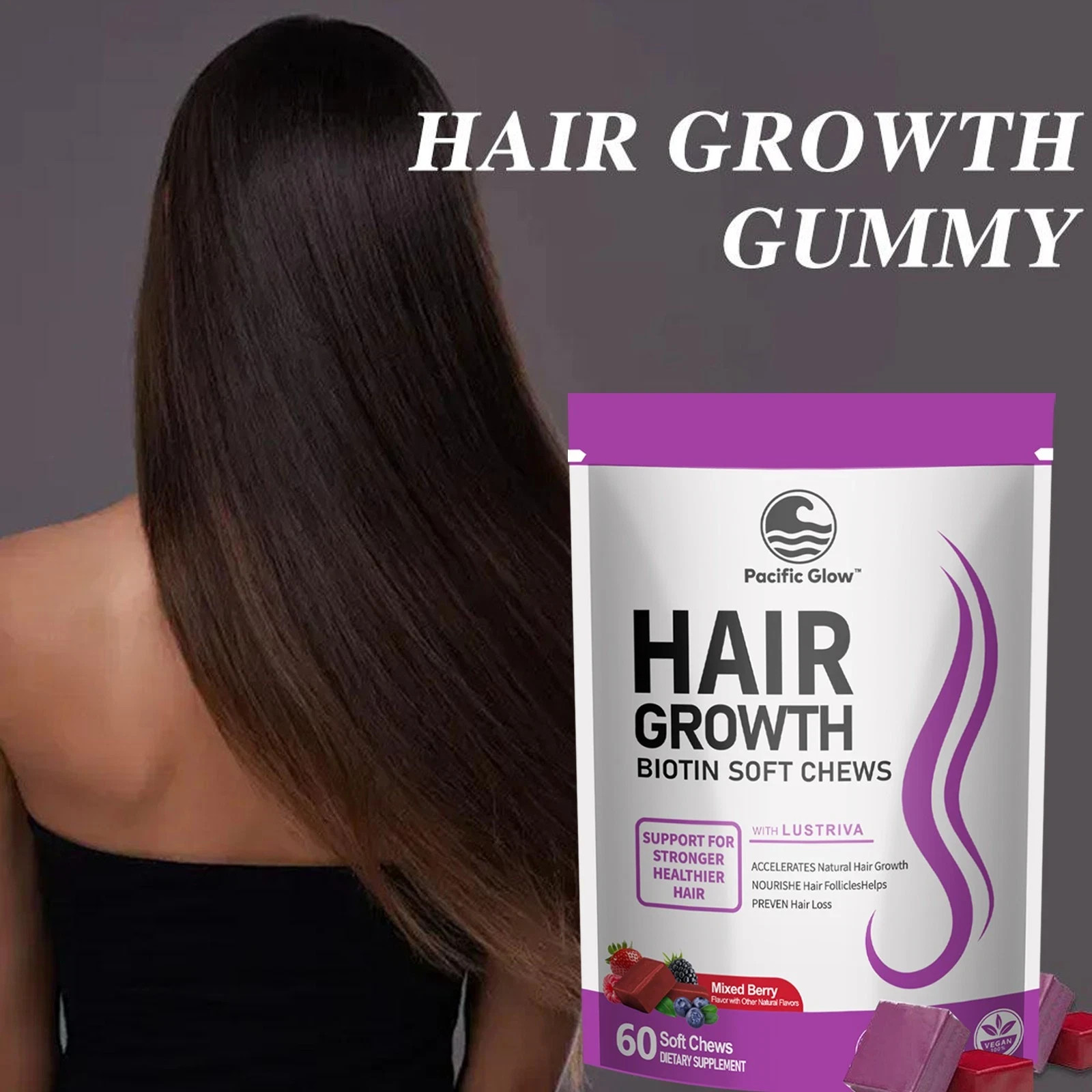 PACIFIC GLOW Hair Growth Biotin Mixed Berry Soft Chews Vitamins Women w Lustriva