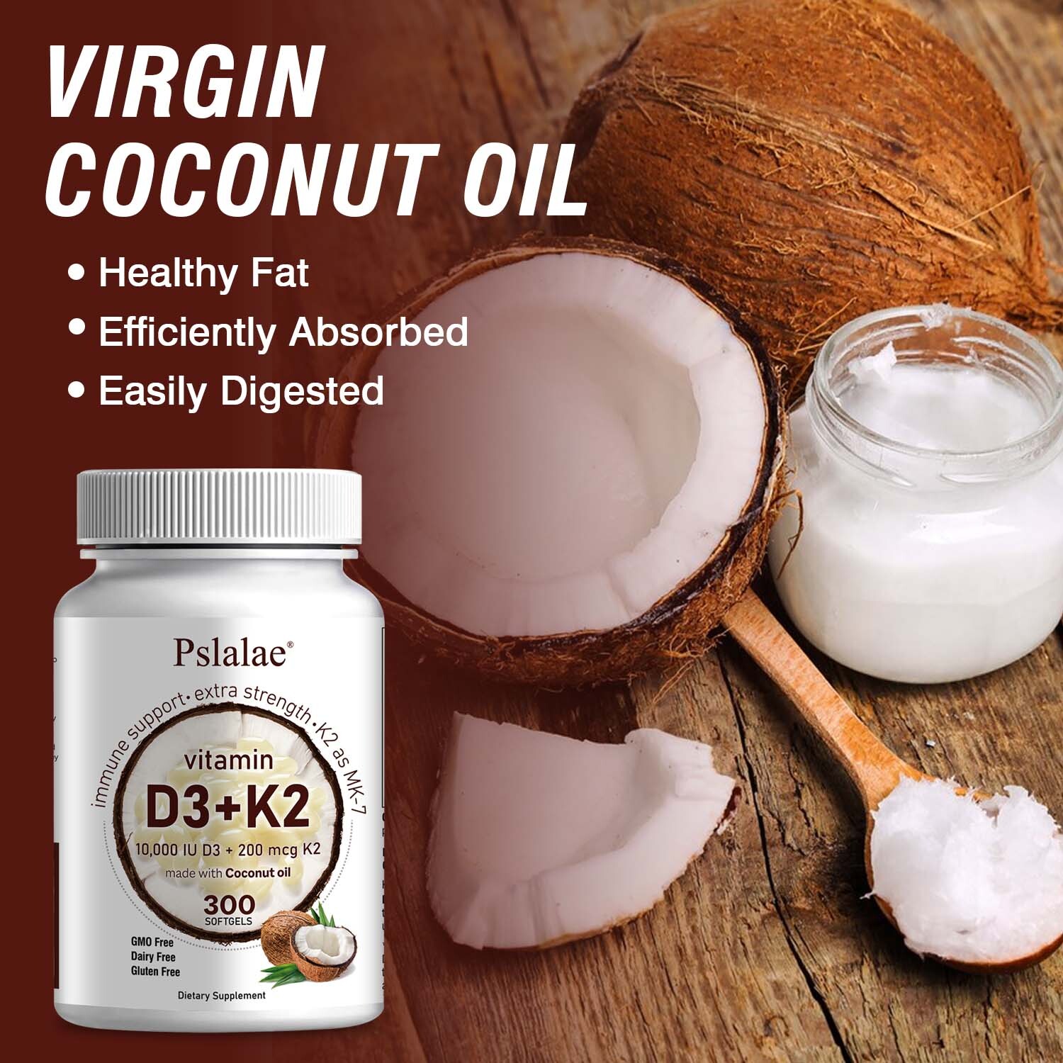 Vitamin D3+K2 MK7 10000 IU – Strong Bones, Immune Support – with Coconut Oil