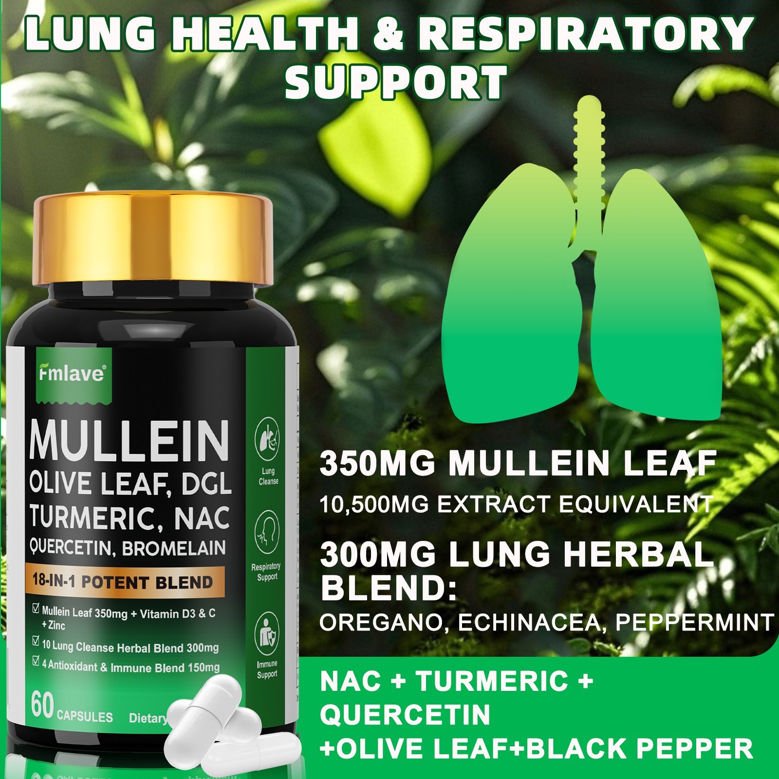 Mullein Leaf Capsules for Lung Cleanse and Detox, Respiratory Health Herbal 60ct