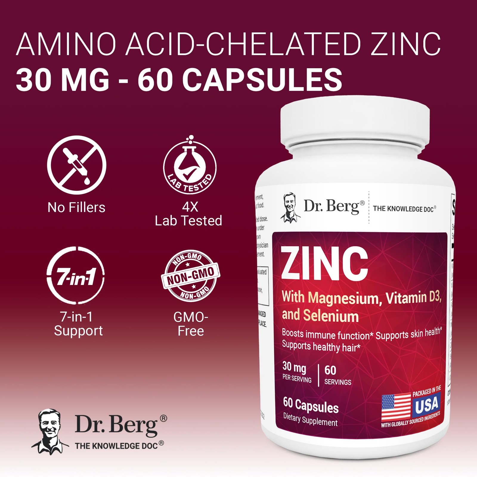 Dr. Berg Zinc 30mg Enhanced with Magnesium, Vitamin D3, 60 Count (Pack of 1)