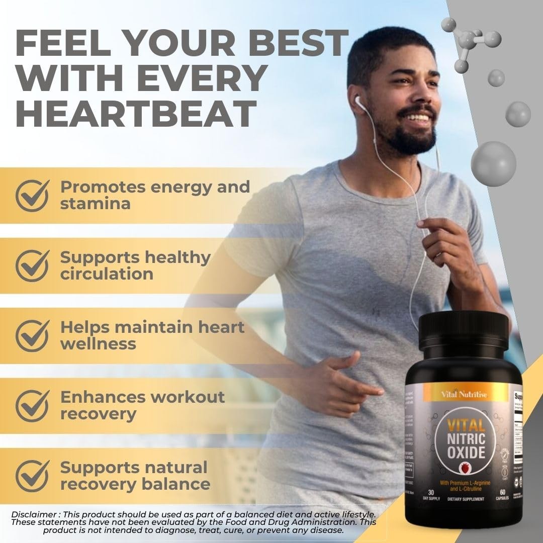 Vital Nutritive Nitric Oxide Supplement Men L-Arginine L-Citrulline 30 Days