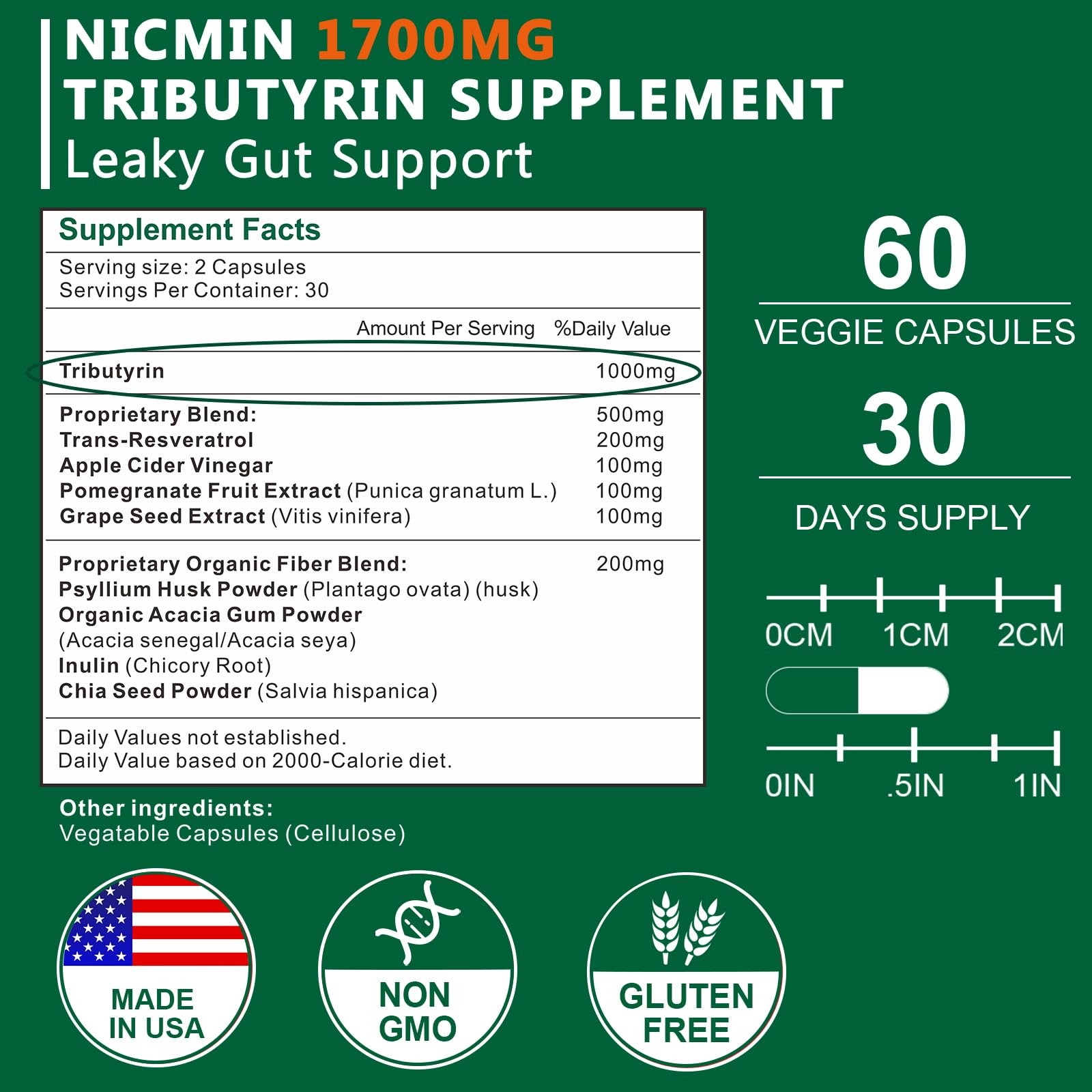 NICMIN Tributyrin Supplement – Premium Butyrate Gut 60 Count (Pack of 1)