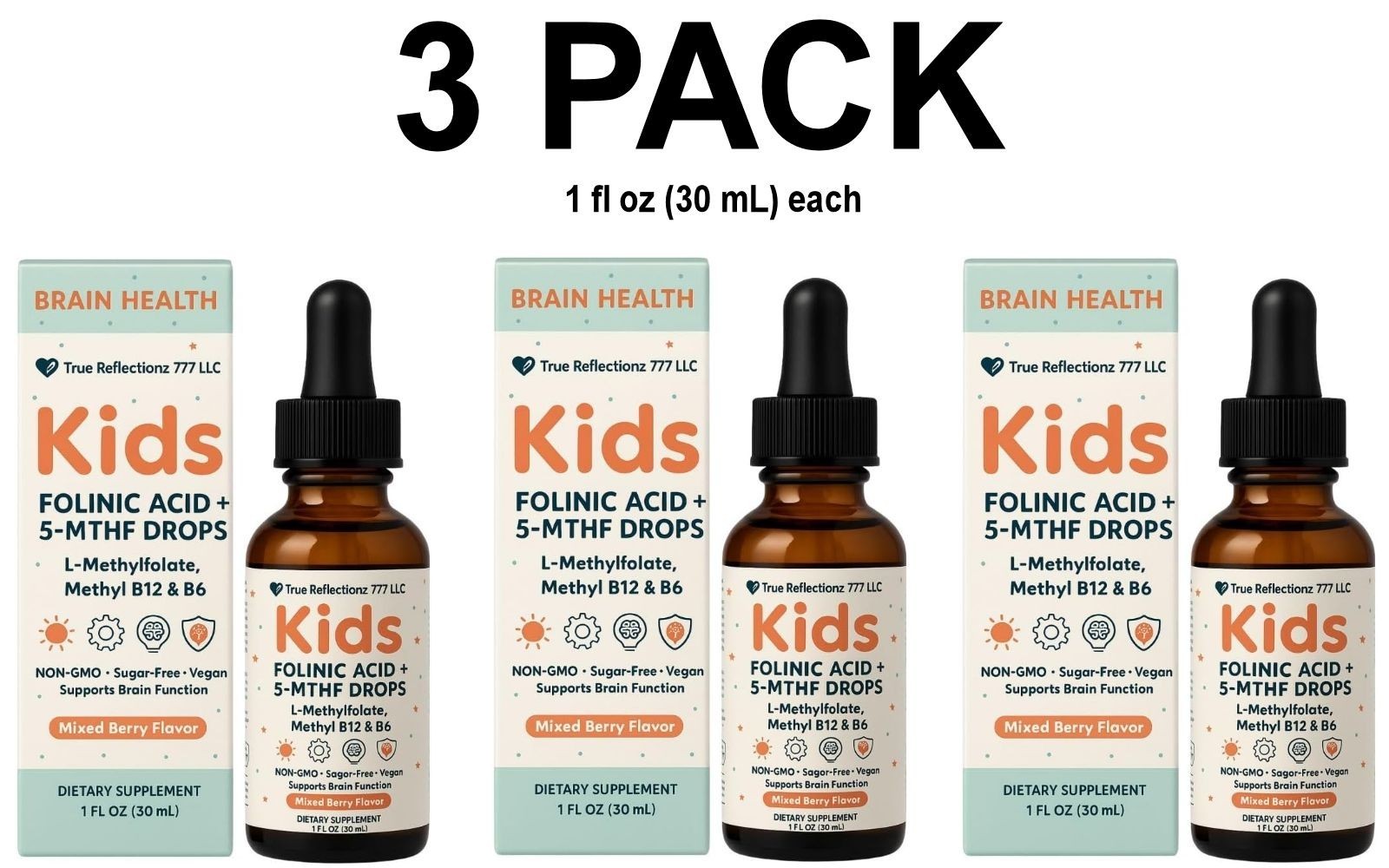 3 PACK, Folinic Acid Drops for Kids & Adults, Mixed Berry Flavor, 1 fl oz