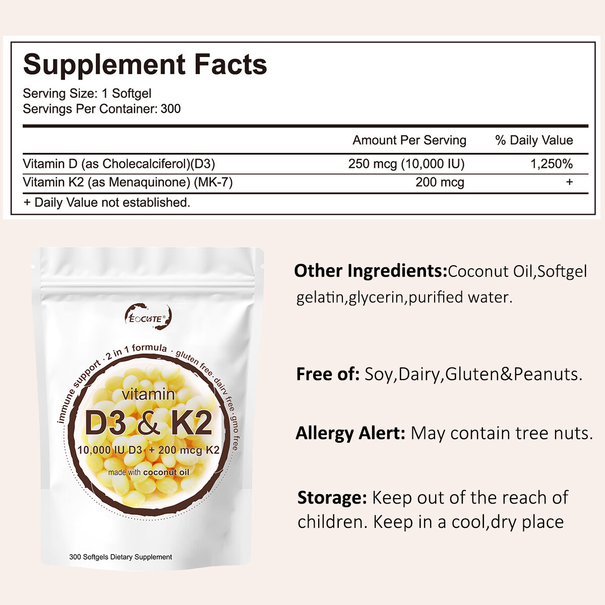 Vitamin D3 10000 iu Plus K2 (MK-7) 200 mcg coconut oil soft 180/300 capsules US