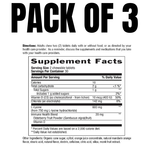 Country Life Chewable L-Lysine with Vitamin D & Elderberry – 60 Count (Pack of 3