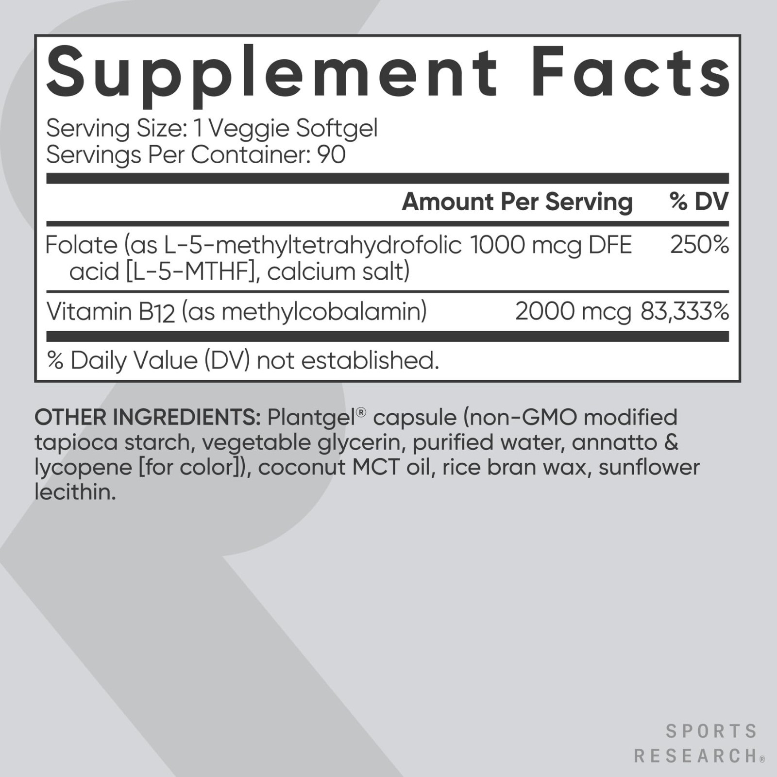 5-MTHF Methyl Folate & B12, 90 Plantgels | Vegan, Non-GMO, Gluten Free | Energy