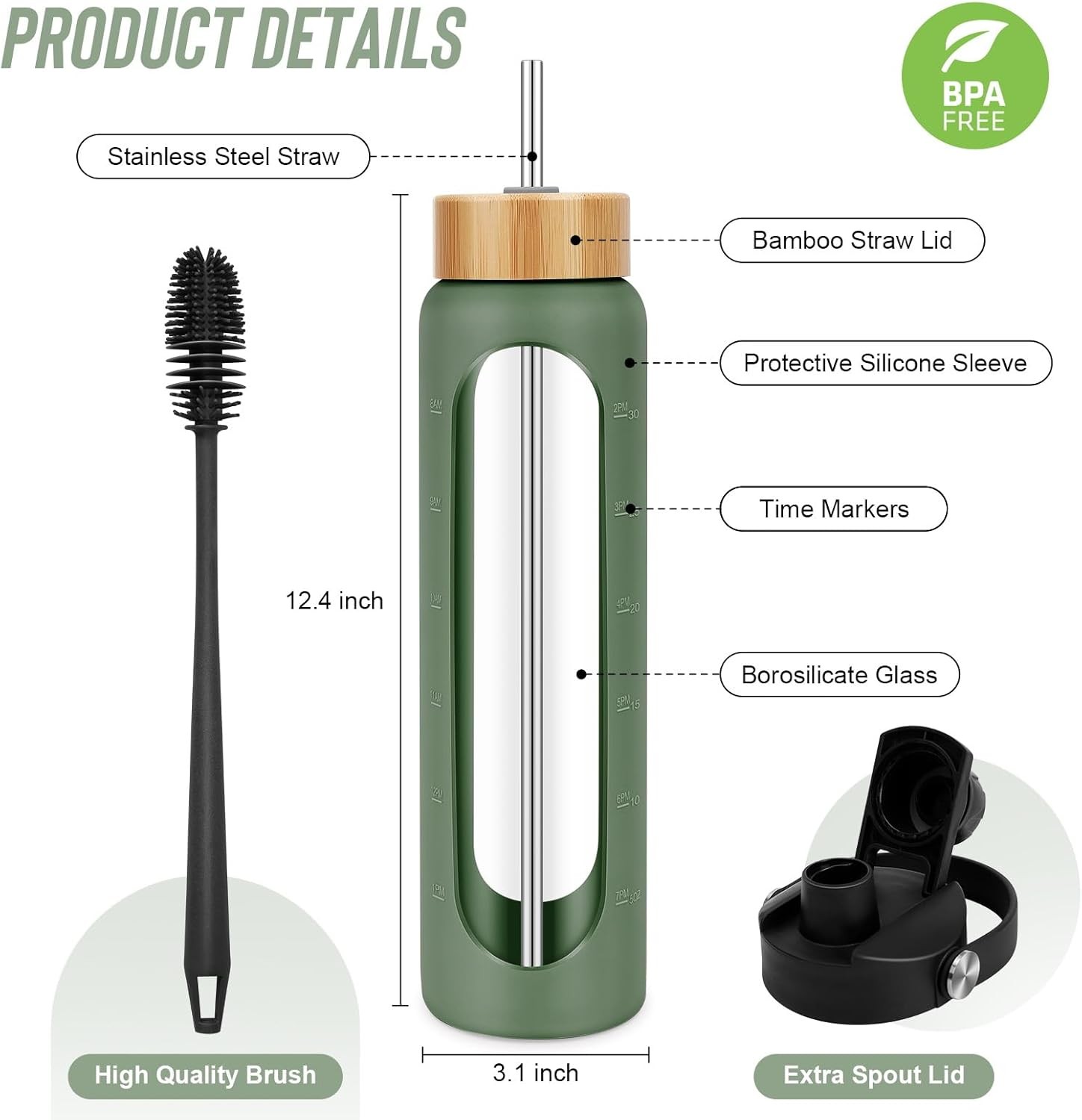 32 oz Glass Water Bottles – 1 Liter Motivational Tumbler 32 Ounces, Olive