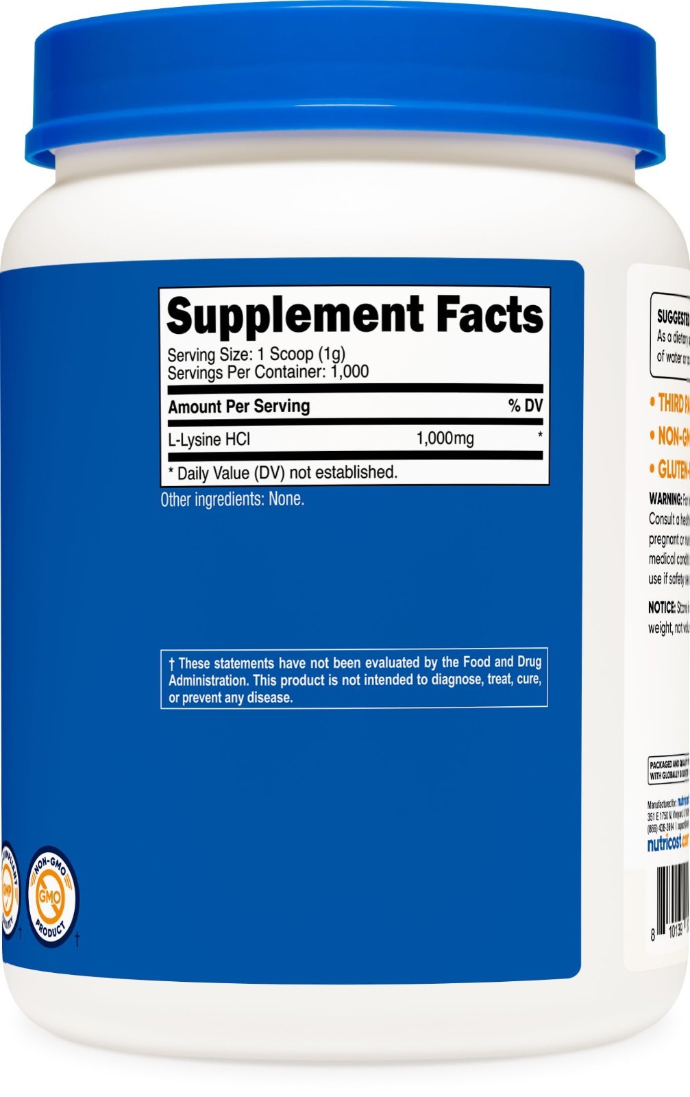 Pure L-Lysine Powder 1KG – Gluten-Free, Non-GMO, Amino Acid Supplement, 2.2lbs