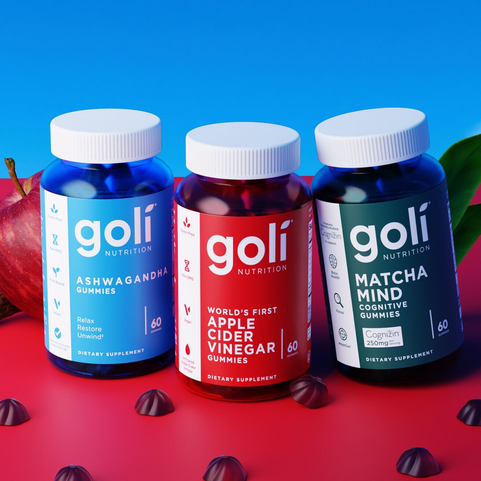 Pack Of 3 Ashwagandha Gummies with KSM-66 and Vitamin D Vegan 60 Count GOLI