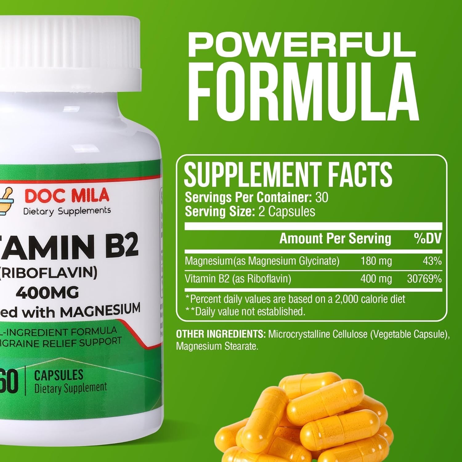 Doc Mila Vitamin B2 Riboflavin 400mg Migraine Support Vegan 60 Capsules Pills