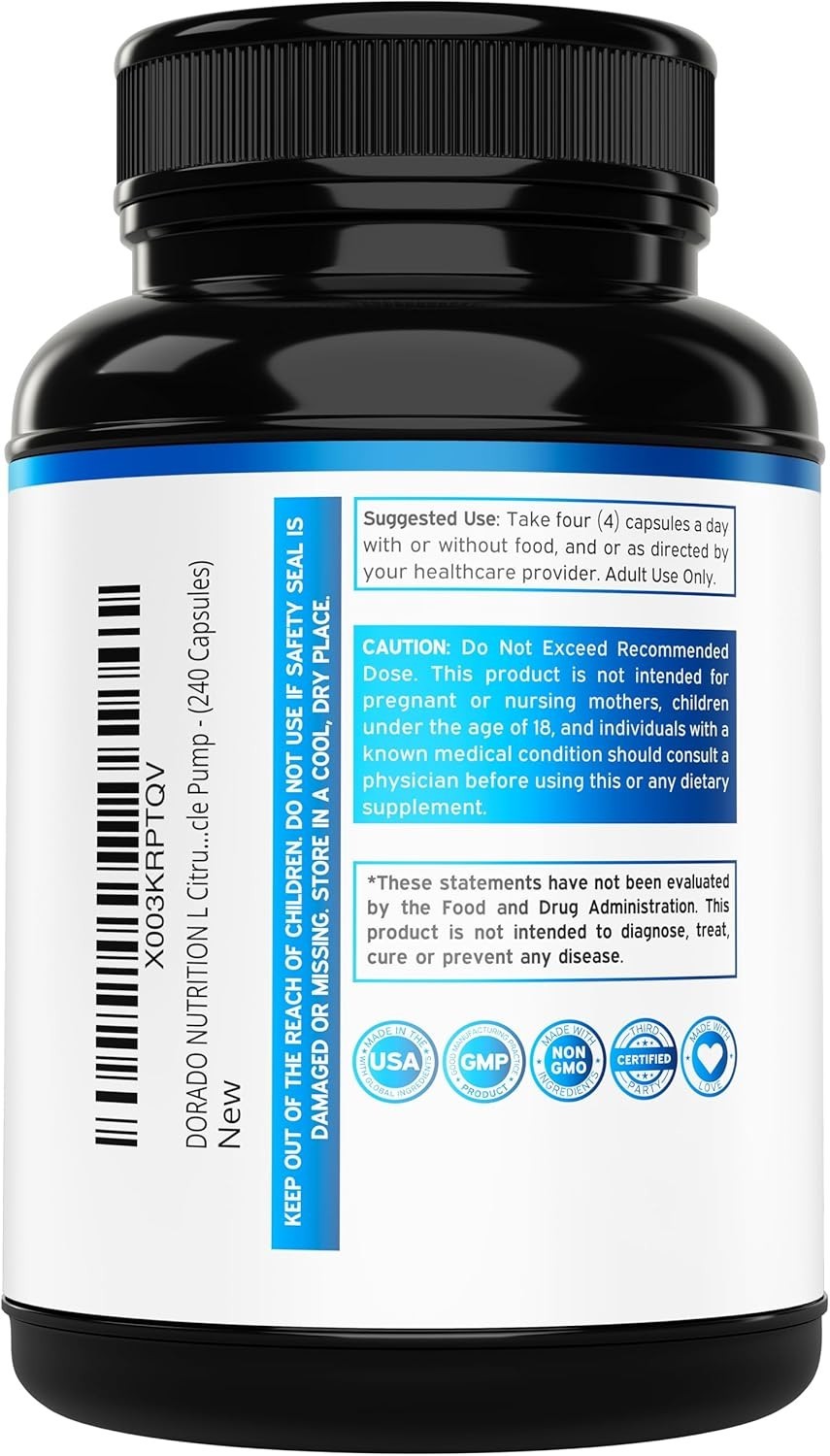 L-Citrulline 3000mg 240 Capsules GMP Certified & Non-GMO Free Form Amino