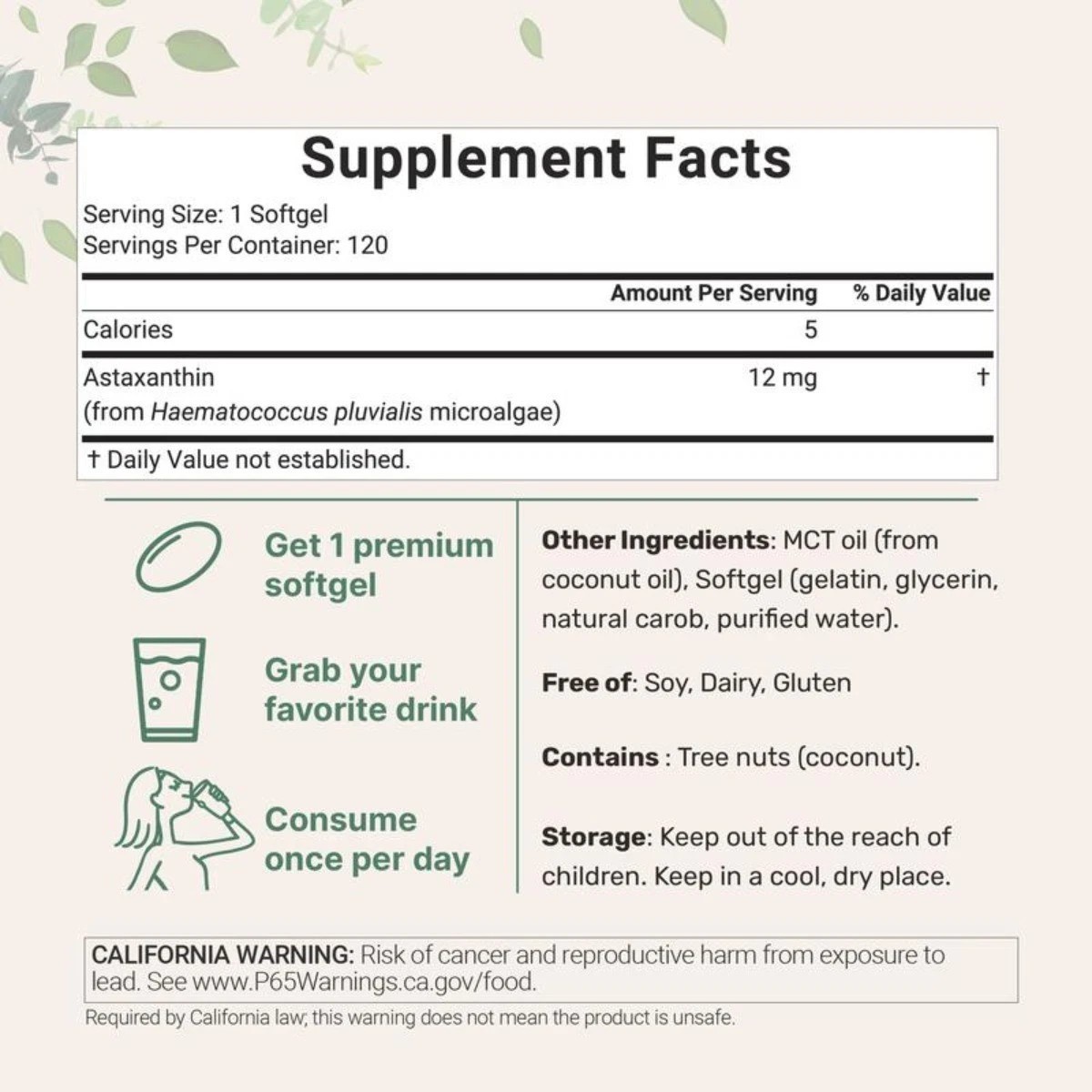 1Pack Micro Ingredients Astaxanthin 12mg with MCT Oil, 120 Softgels Supplement