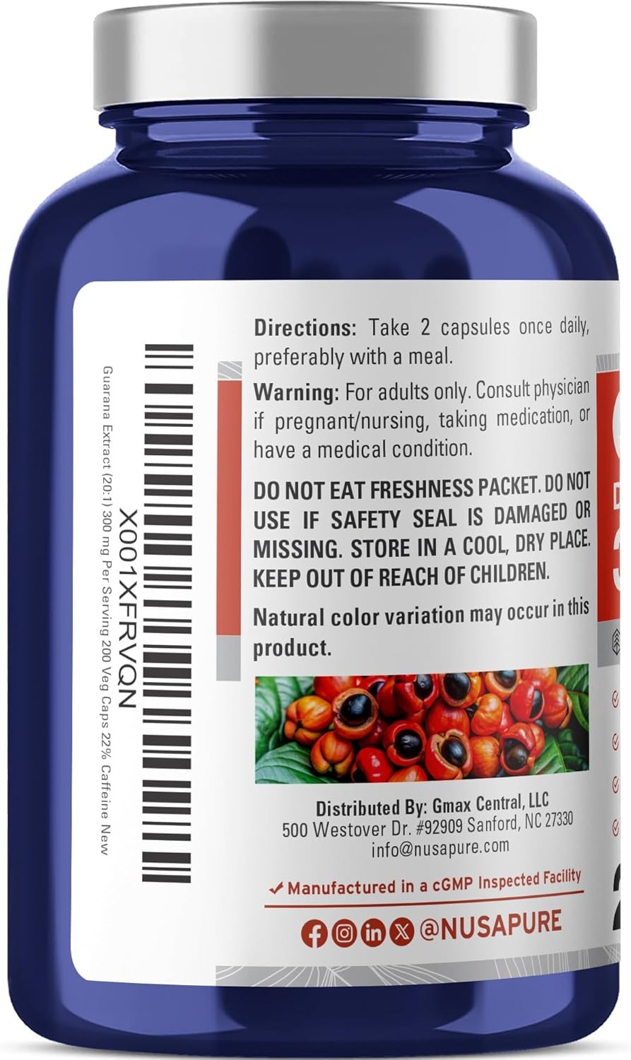 NusaPure Guarana Capsules 300mg 200 Veg Capsules Non-GMO Vegan