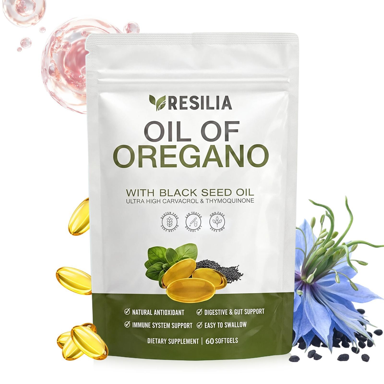 Resilia Oil of Oregano Softgels with Black Seed Oil 60 Count Dietary Supplement