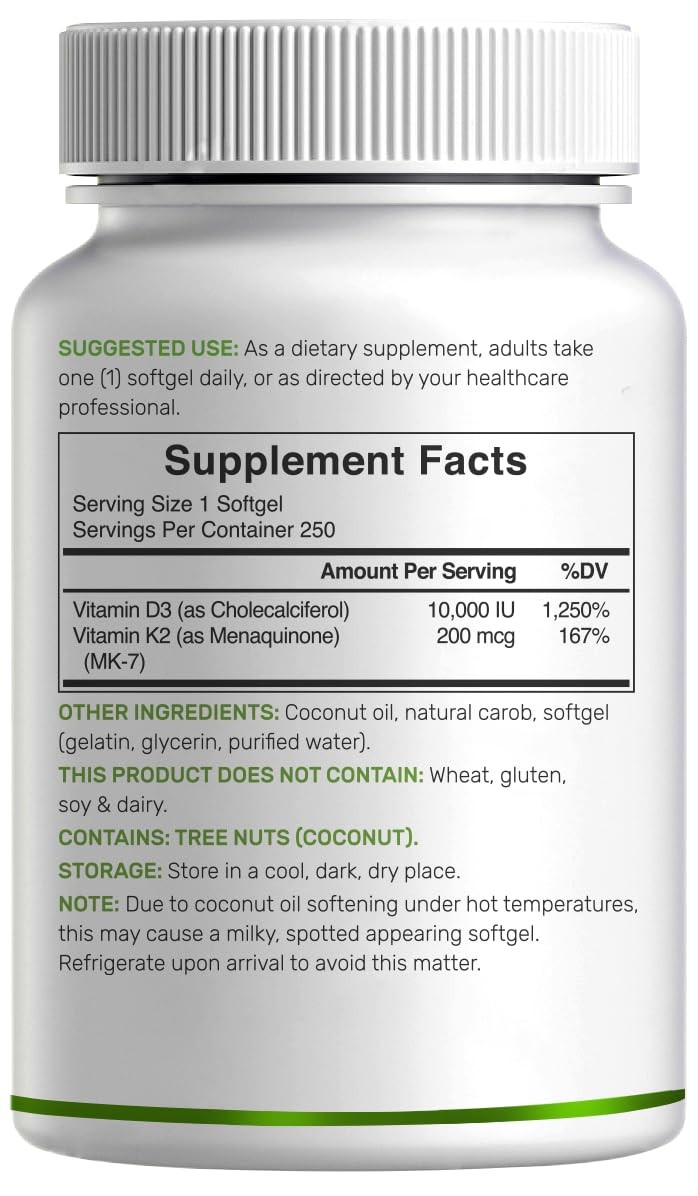 DEAL SUPPLEMENT Vitamin D3 10,000 IU + K2 MK7 250 Count (Pack of 1), Red