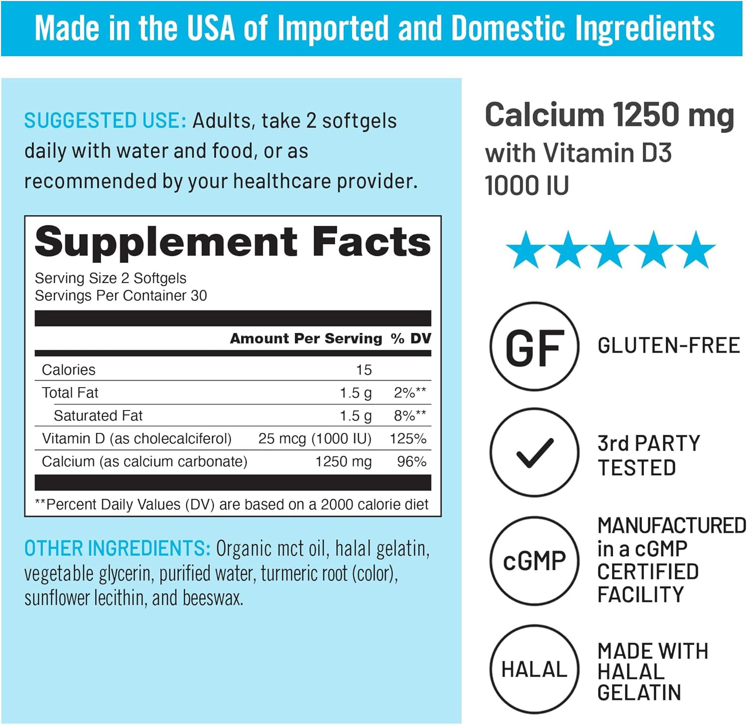 High-Purity, All-Natural Calcium 1250Mg + Vitamin D3 1000IU + Organic MCT Coc…