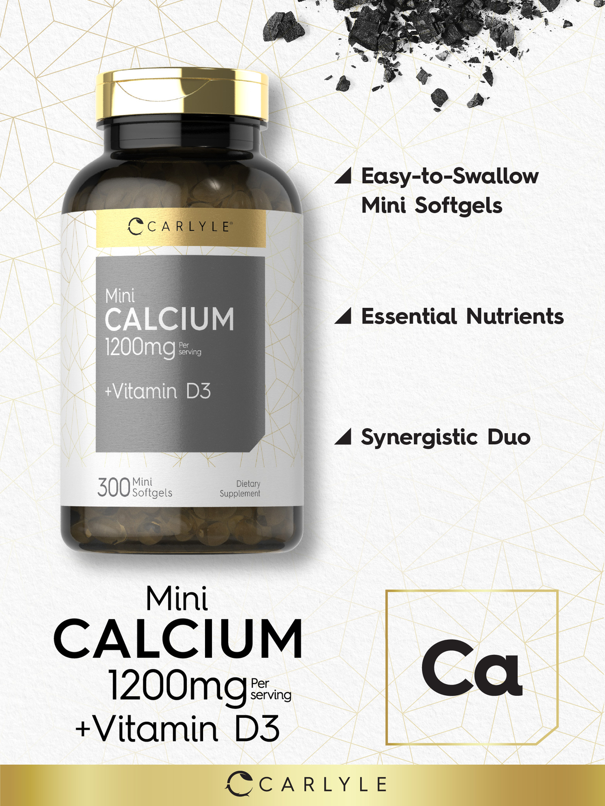 Calcium with Vitamin D3 | 1200mg | 300 Mini Softgels | Non-GMO | by Carlyle