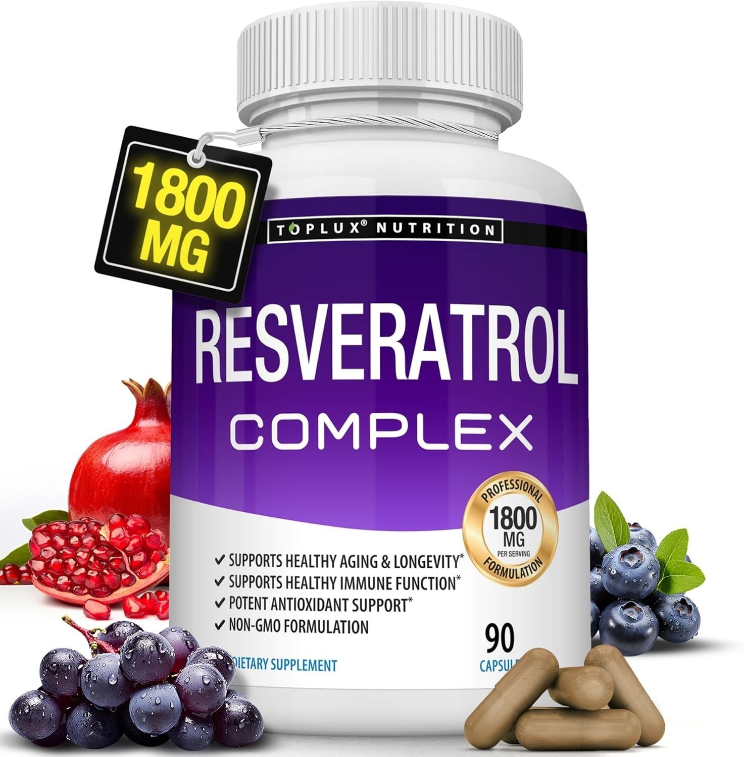 Resveratrol 1800mg Antioxidant Complex, Anti Aging, 90 Capsules