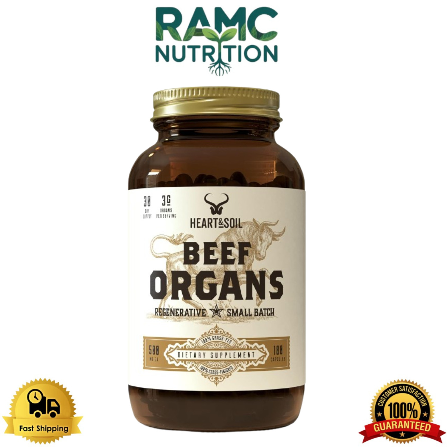 HEART & SOIL – 3000mg Grass-Fed Beef Organ Supplement – Non-GMO – 180 Capsules