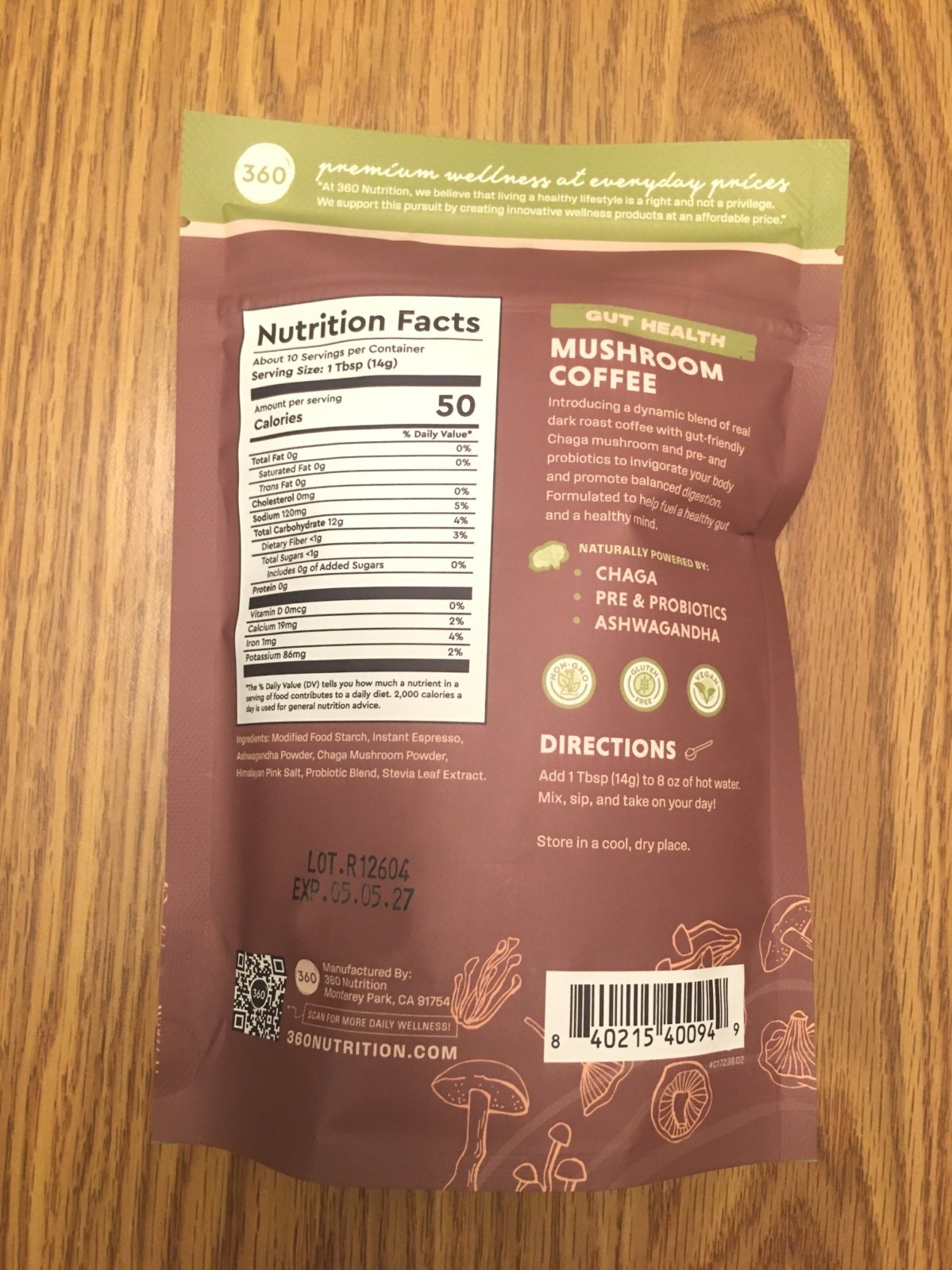 360 Nutrition Gut Health Mushroom Coffee – Dark Roast 5 Oz Exp 2027-05-05