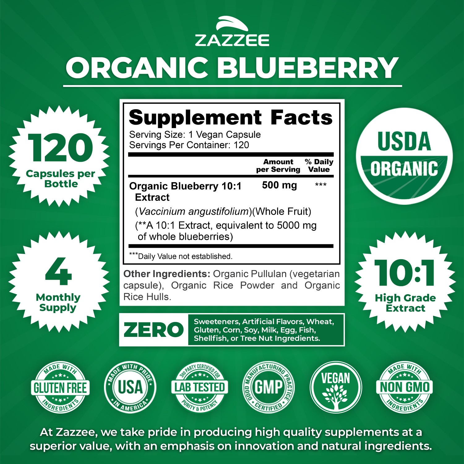 USDA Organic Wild Blueberry Extract Whole Fruit 5000 mg Strength 10:1 Extract