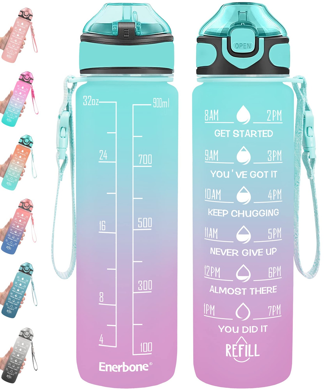 Enerbone 32 oz Drinking Water Bottle with Times to 32 Ounces, Green-Purple