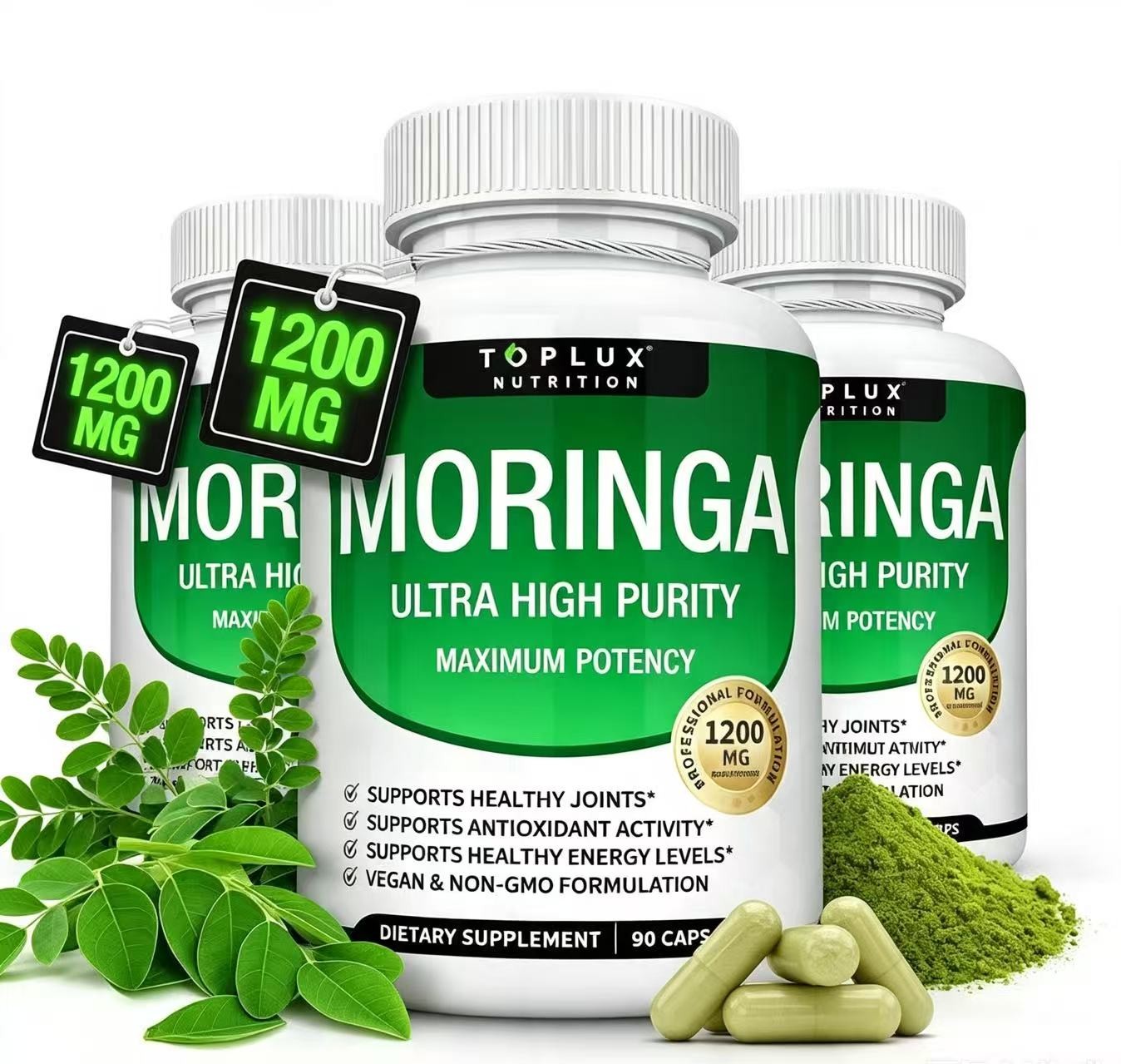 3PCS Moringa Capsules 1200mg Pure Moringa Powder Immune Gut Support 90 Count