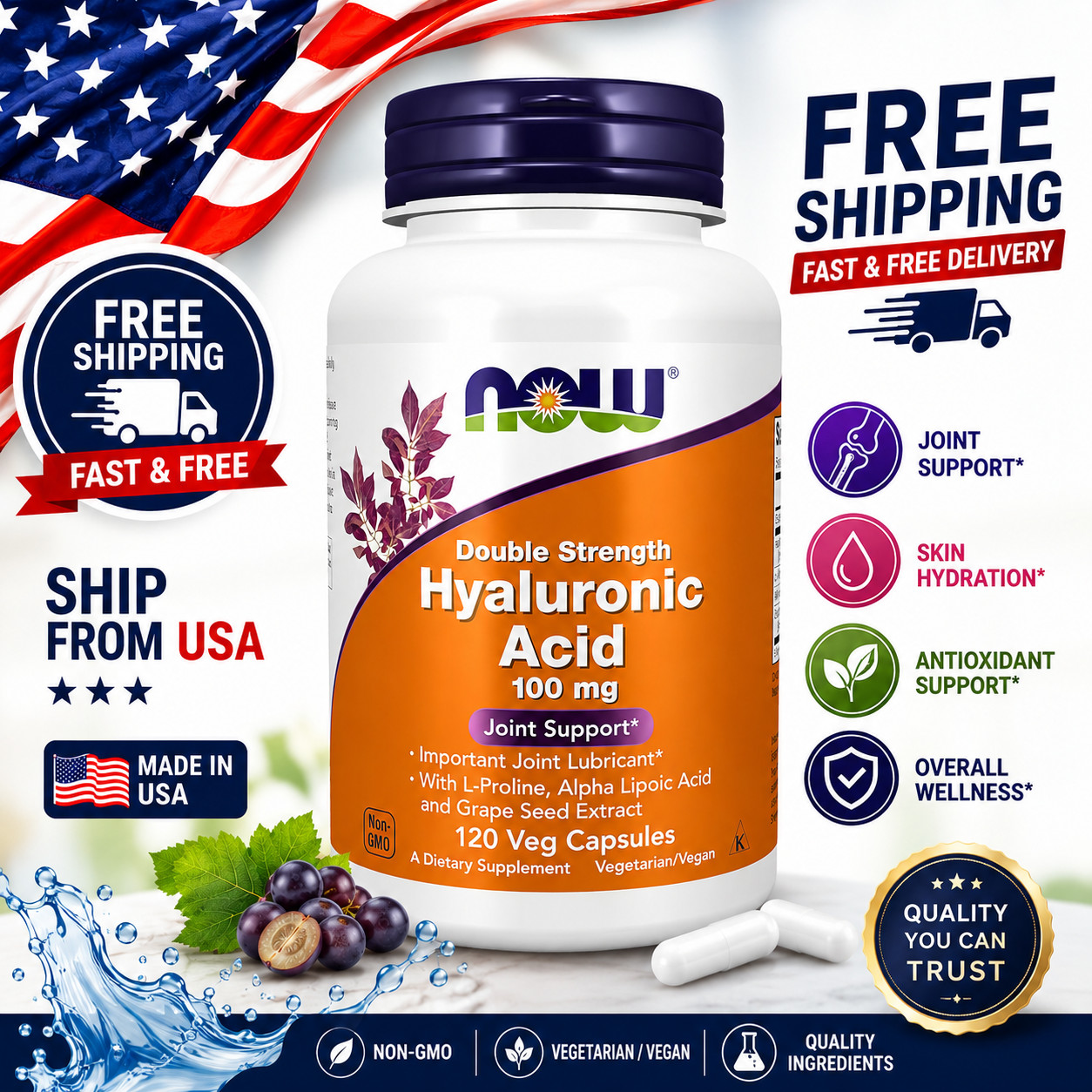 Ácido hialurónico 100 mg, lubricante articular importante, 120 cápsulas