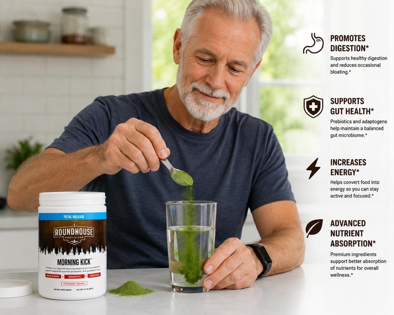 ROUNDHOUSE MORNING KICK-DIGESTIVE POWDER-STRAWBERRY LEMONADE, 9.1oz Chuck Norris