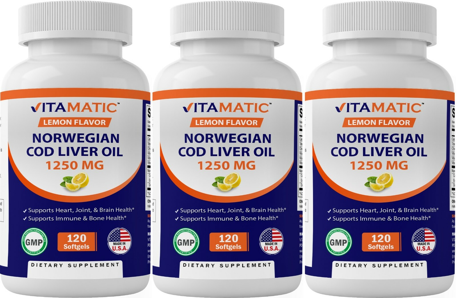 3 Pack – Vitamatic Norwegian Cod Liver Oil 1250mg 360 Softgels (Lemon Flavor)