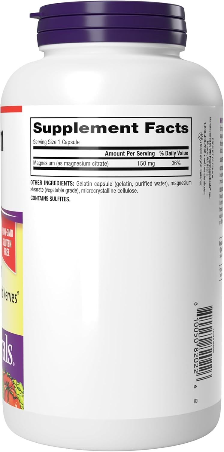 Webber Naturals Magnesium Citrate, 150 mg Per Capsule, 250 Count (Pack of 1)