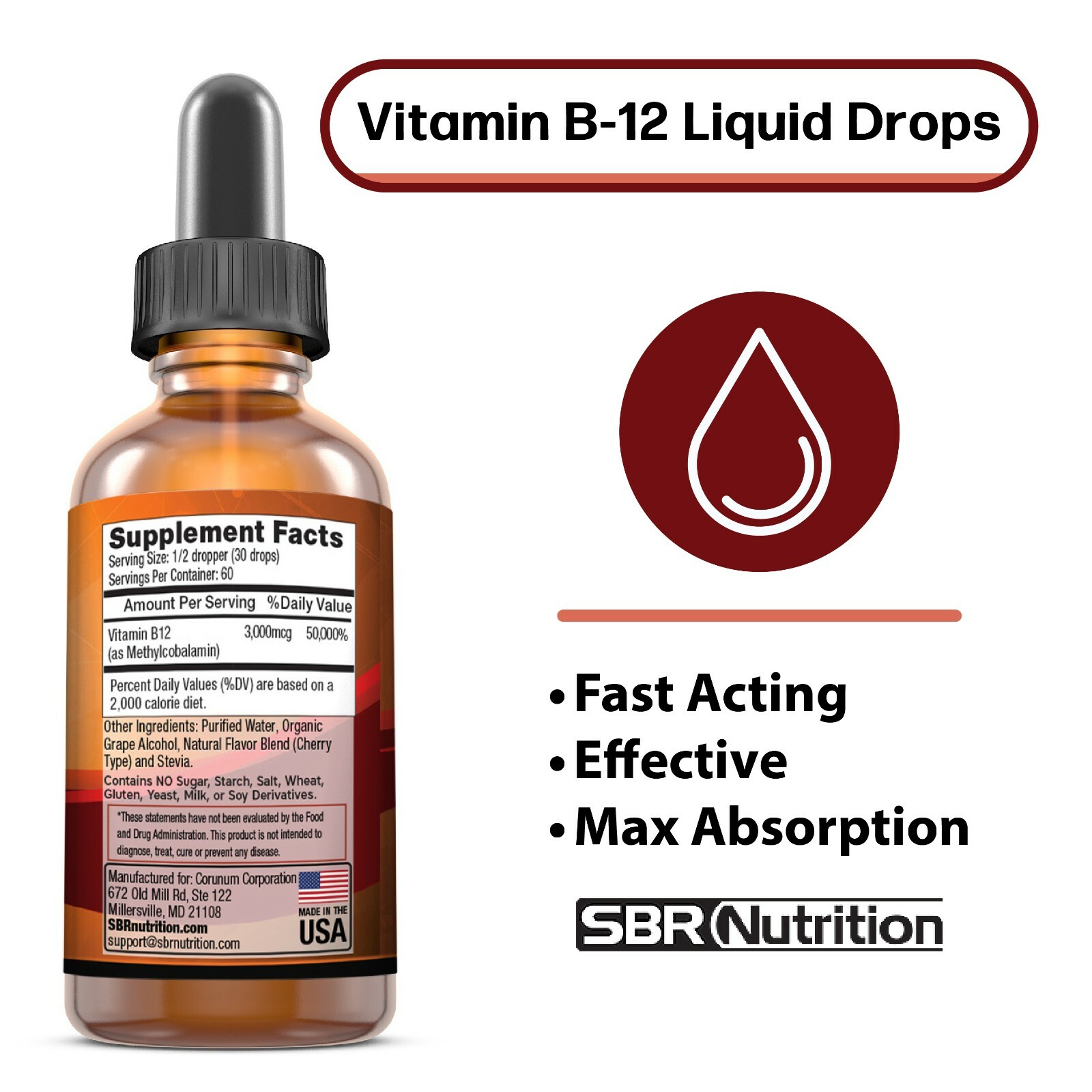 Vitamin B12 Sublingual Liquid Drops Methylcobalamin Vit B 12 3000mcg Per Serving