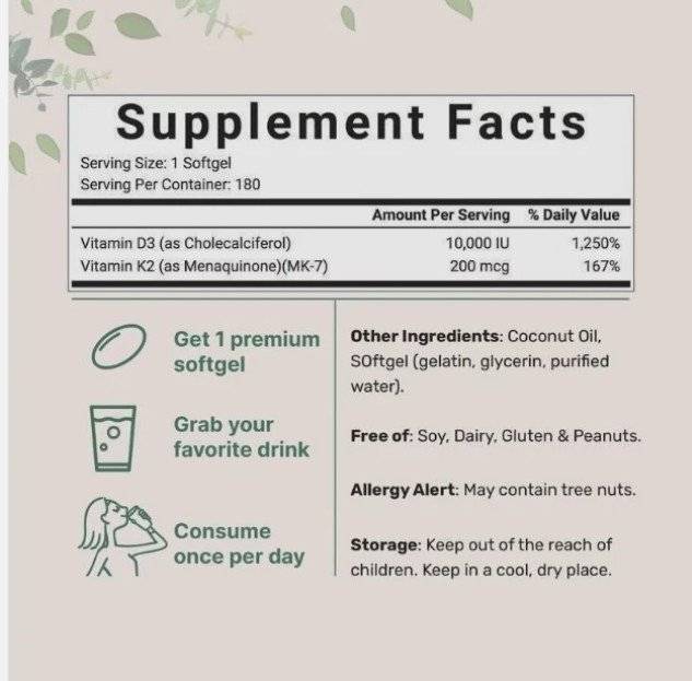 Vitamin D3 10000 iu Plus K2 (MK-7) 200 mcg, 300 Virgin Coconut Oil Softgels