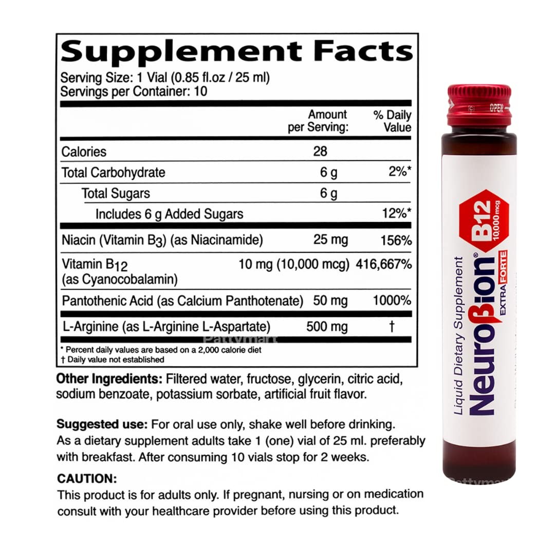 Neurobion Extra Forte B12 10,000 mcg Vials, Liquid – 0.85 Fl Oz (Pack of 10)