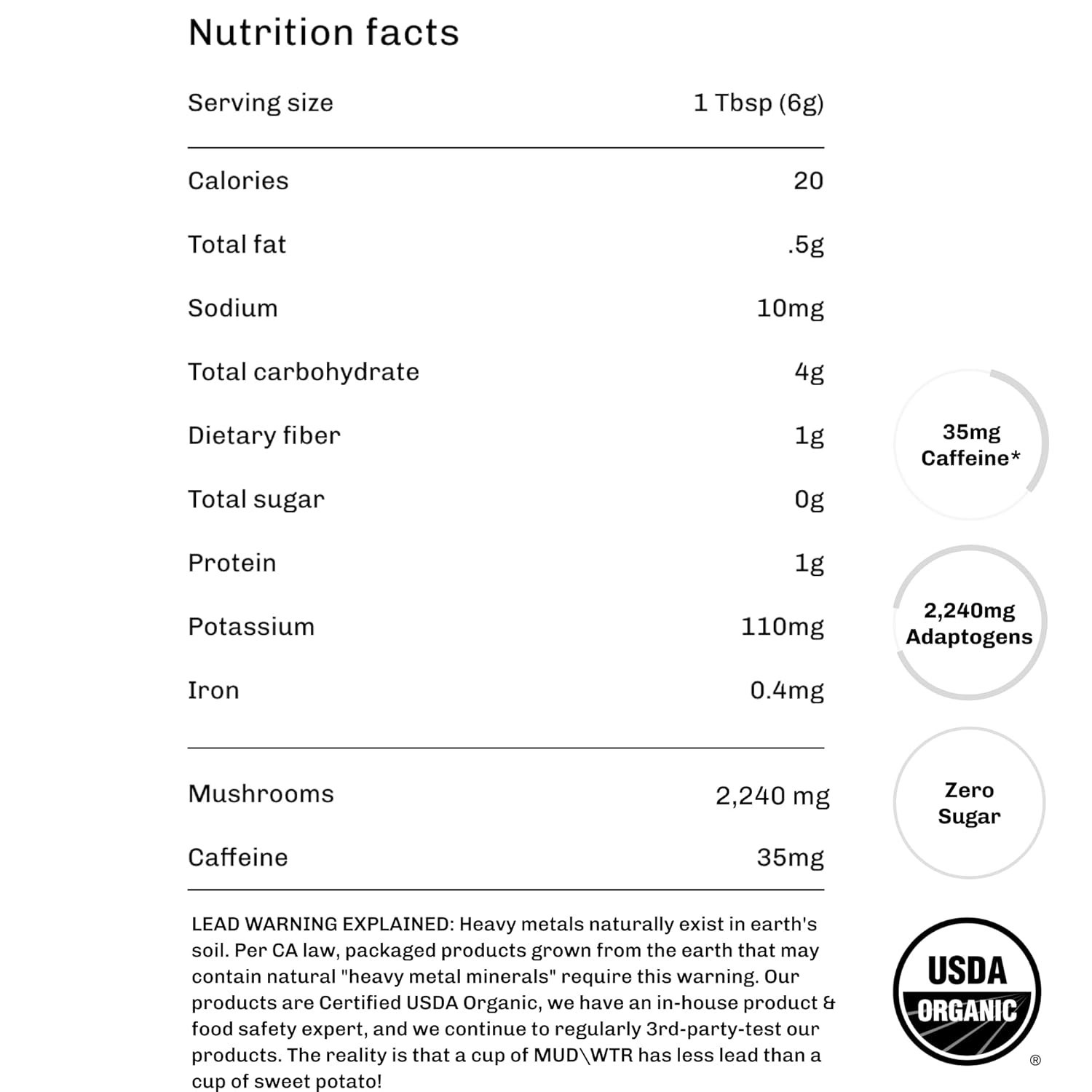 MUD WTR Original Mushroom Coffee Alternative 30 Servings USDA Organic Adaptogen