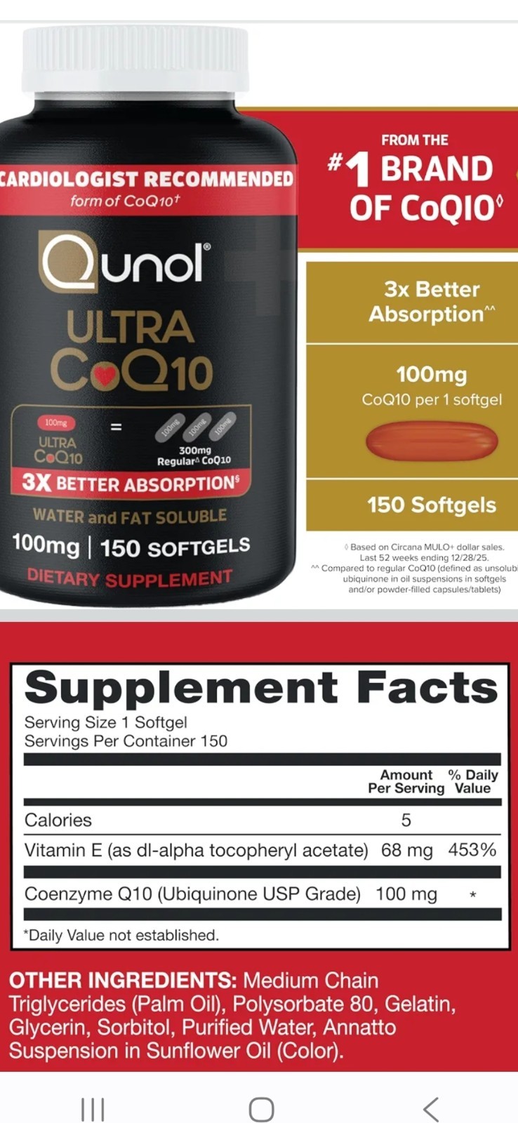 Qunol Ultra CoQ10 Softgels, 100mg, 90 Count Heart Health Supplement