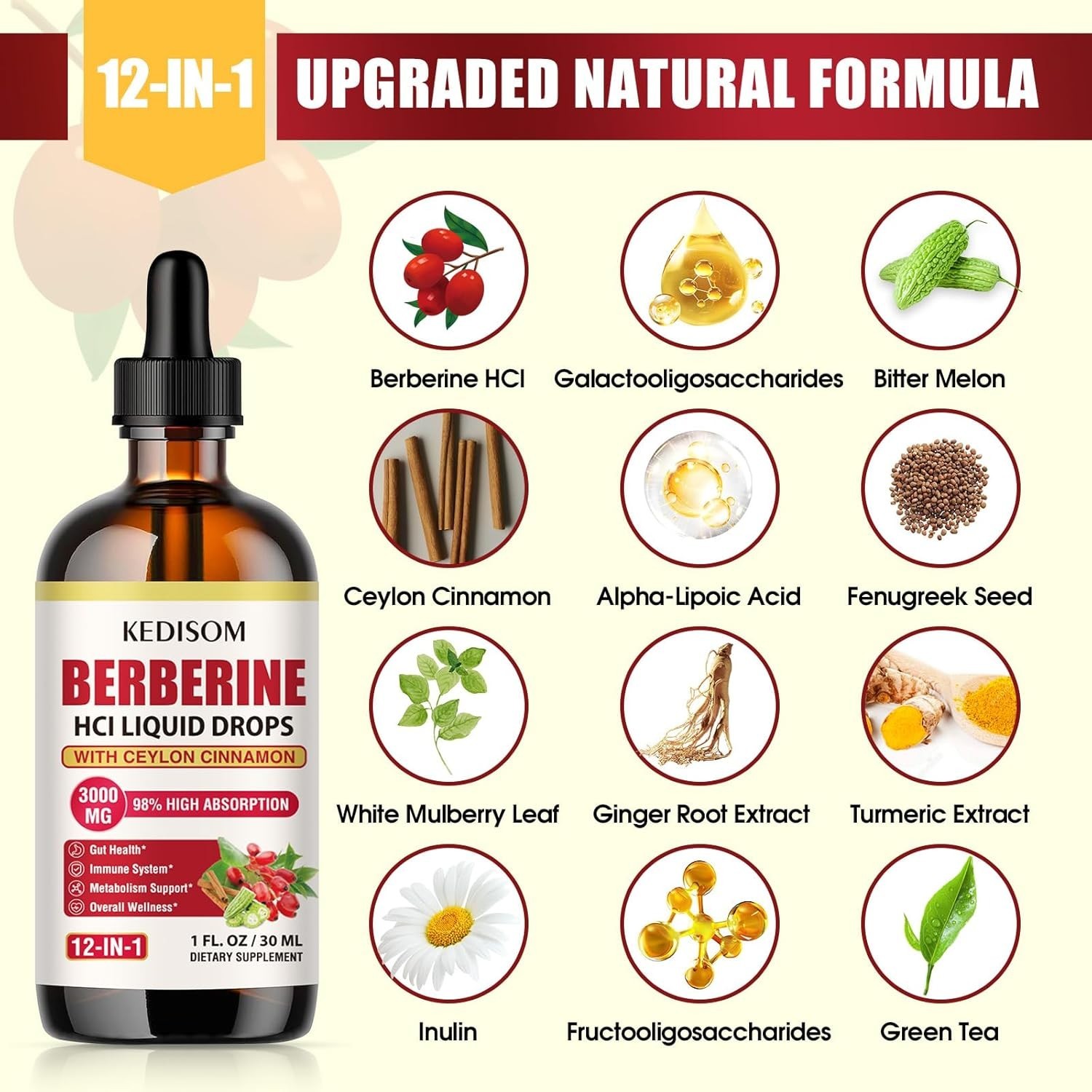 Natural Berberine Drops – 12-in-1 Wellness Support, Convenient 1 Fl Oz Bottle