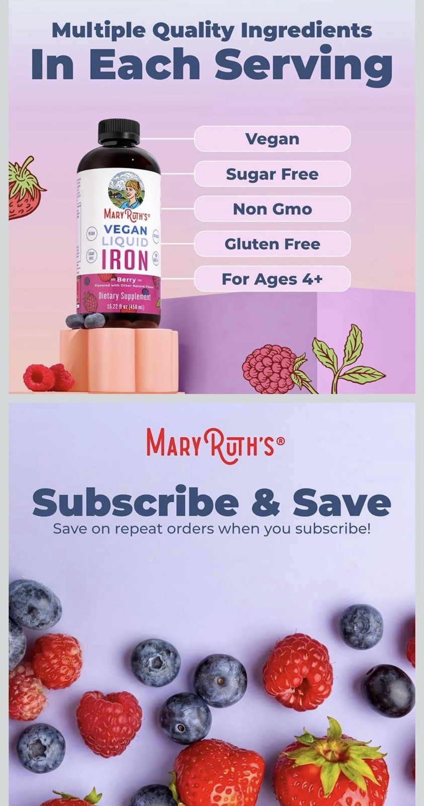 MaryRuth’s Vegan Liquid Iron Ferrochel Berry 15.22 fl oz Sugar Free Non-GMO