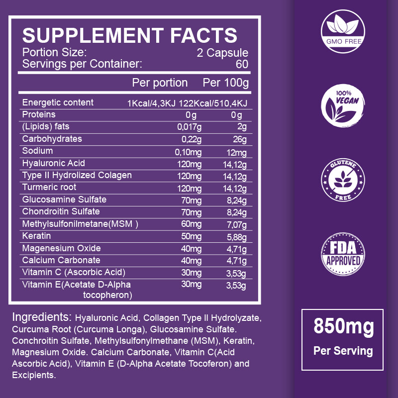 Hyaluronic Acid Capsules 850mg Per Serving (120/240/480 Vegetarian Capsules)