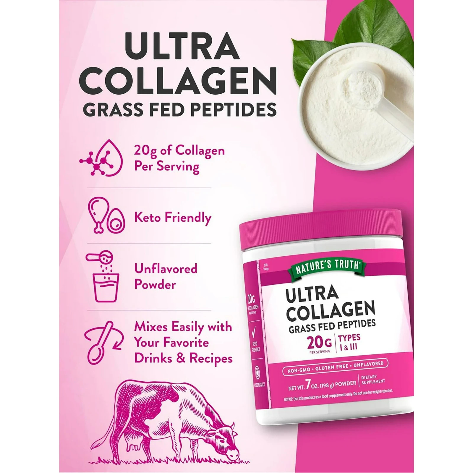 Ultra Collagen Grass Fed Peptides Types I & III Powder by Nature’s Truth