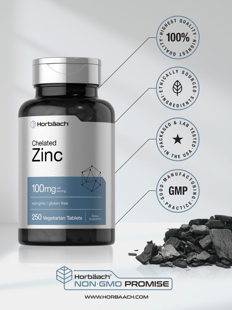 Chelated Zinc Supplement 100mg | 250 Tablets | High Potency | by Horbaach