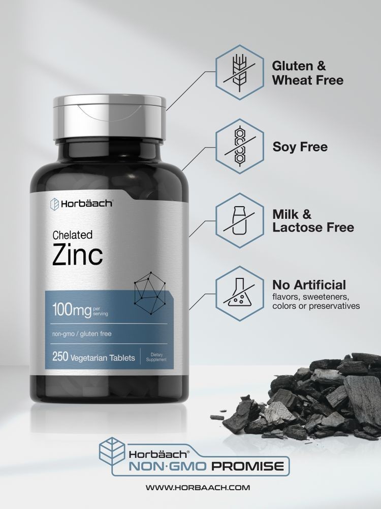 Chelated Zinc Supplement 100mg | 250 Tablets | High Potency | by Horbaach