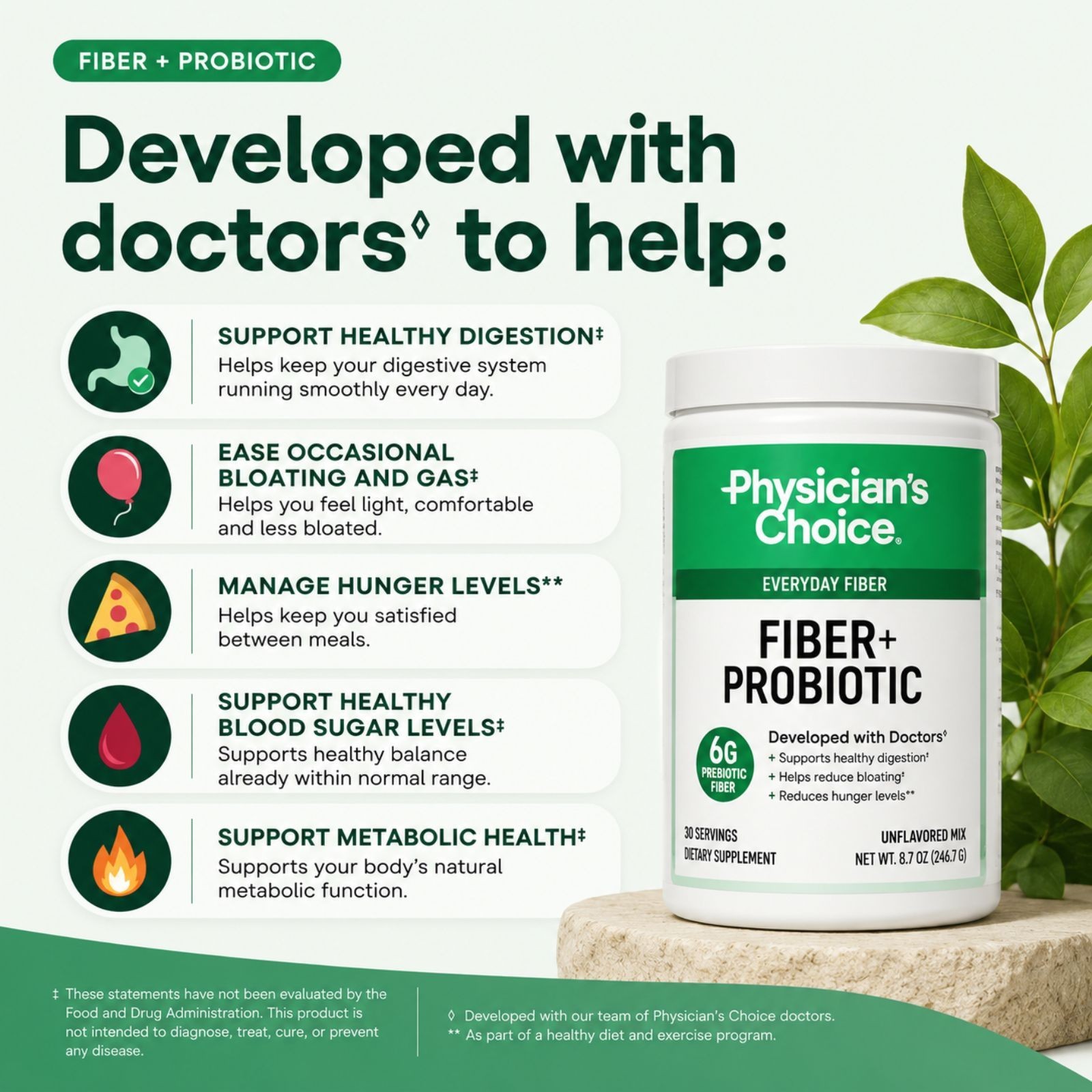 Physician’s CHOICE Easy Mix Prebiotic Fiber Powder, Unflavored, 6g Fiber