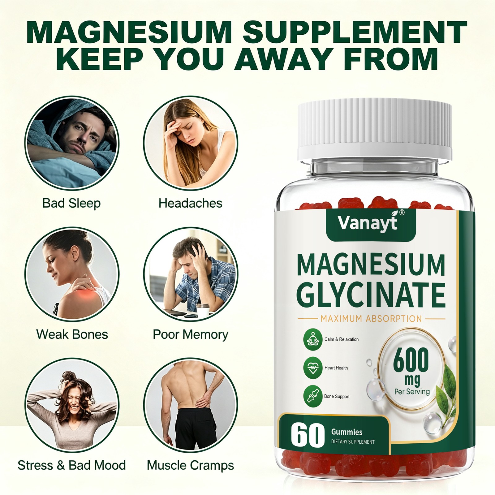 2x Magnesium Glycinate 600mg Advanced Complex 60 Gummy Gluten Free & Non-GMO