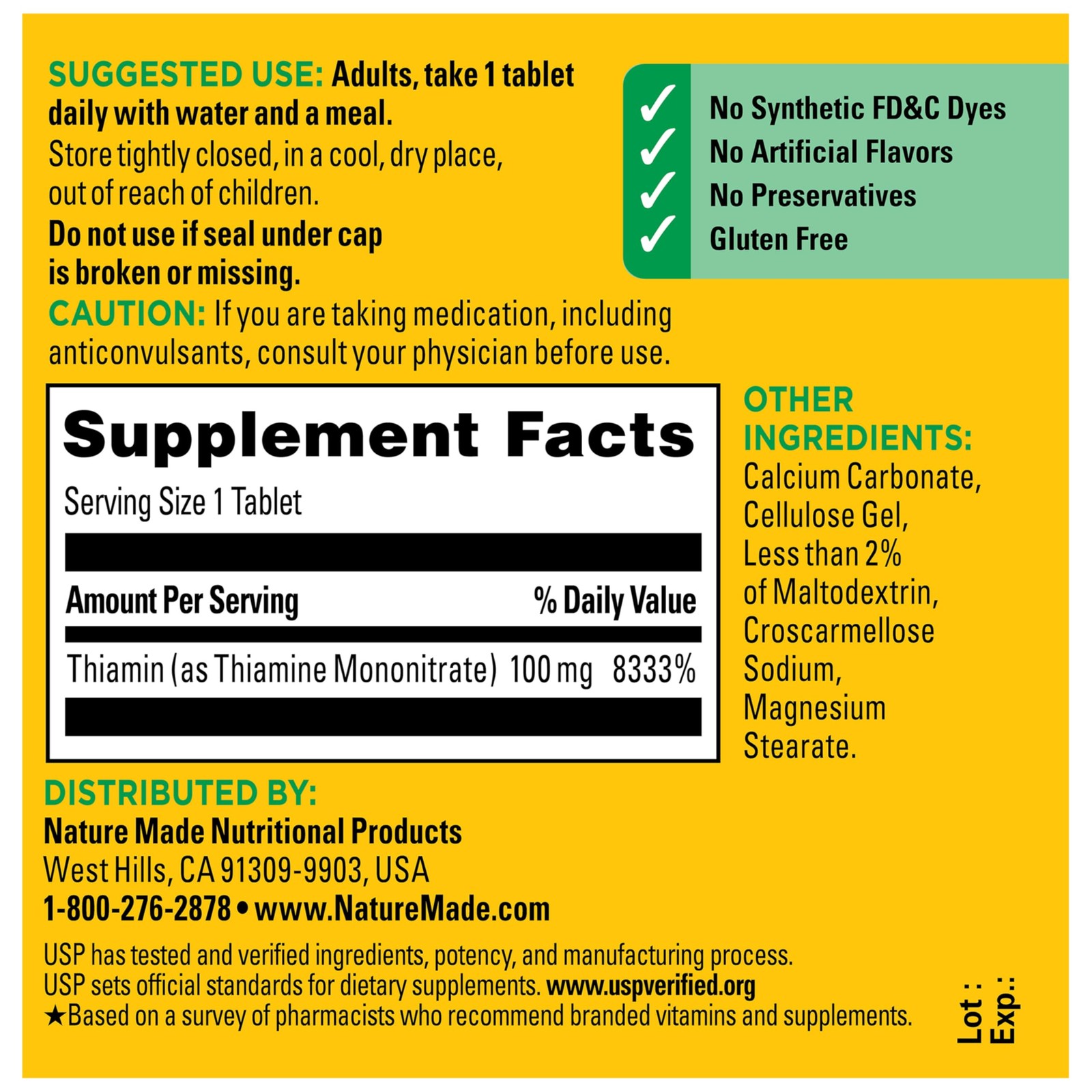Nature Made Vitamin B1 100mg, Thiamine Supplement 100 Count (Pack of 1)