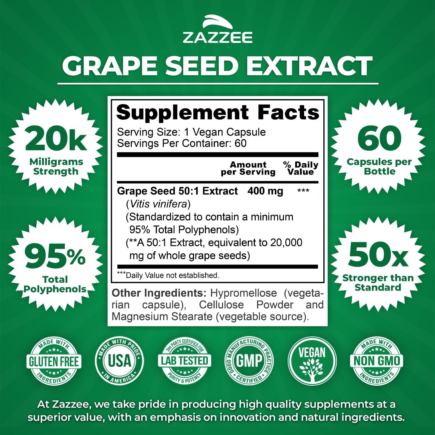Zazzee High Strength Grape Seed 50:1 Extract, 60 Vegan Capsules, 95% Polyphenols