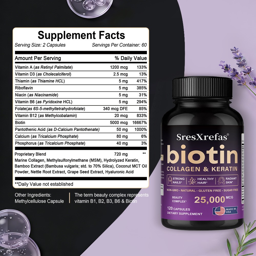 Biotin Collagen Keratin-Hair Skin Nails Health,Strong Non-Gmo 30/60/120 Capsules