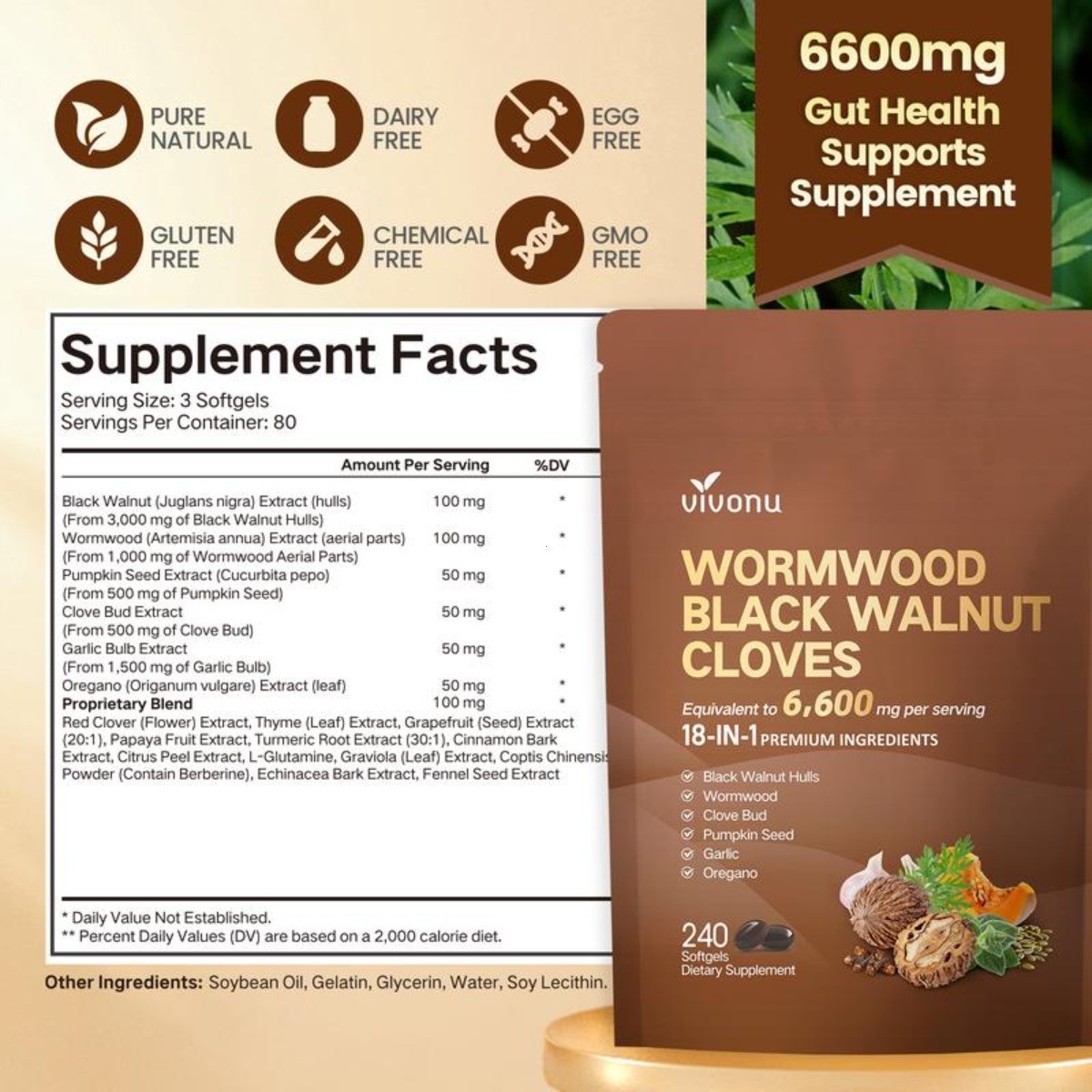 Vivonu 18-in-1 Wormwood Black Walnut Clove Gut Detox Softgels 240 Count
